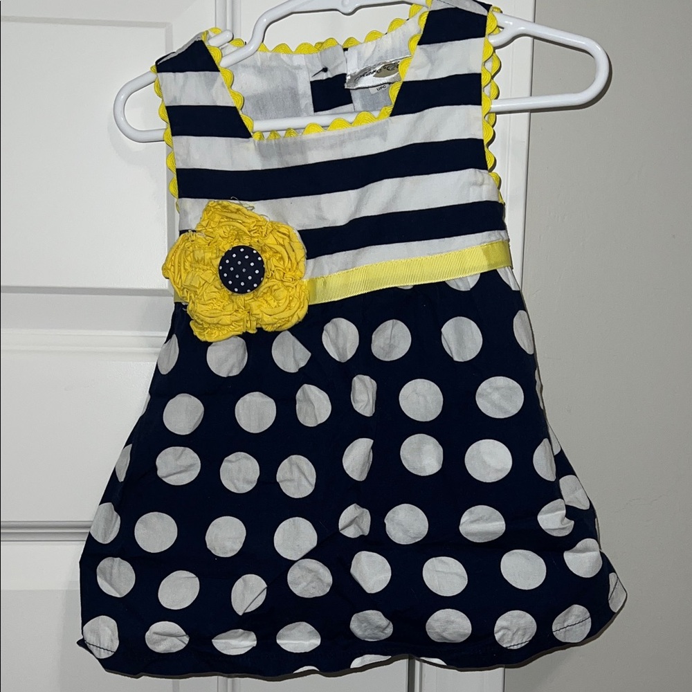 Rare Editions Navy and Yellow Polka Dot/Striped Nautical Dress - Flower Appliqué